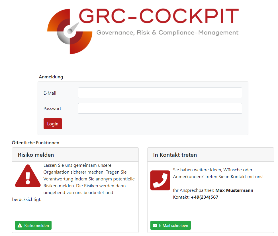GRC-COCKPIT Login Screen mit Hinweisgebersystem
