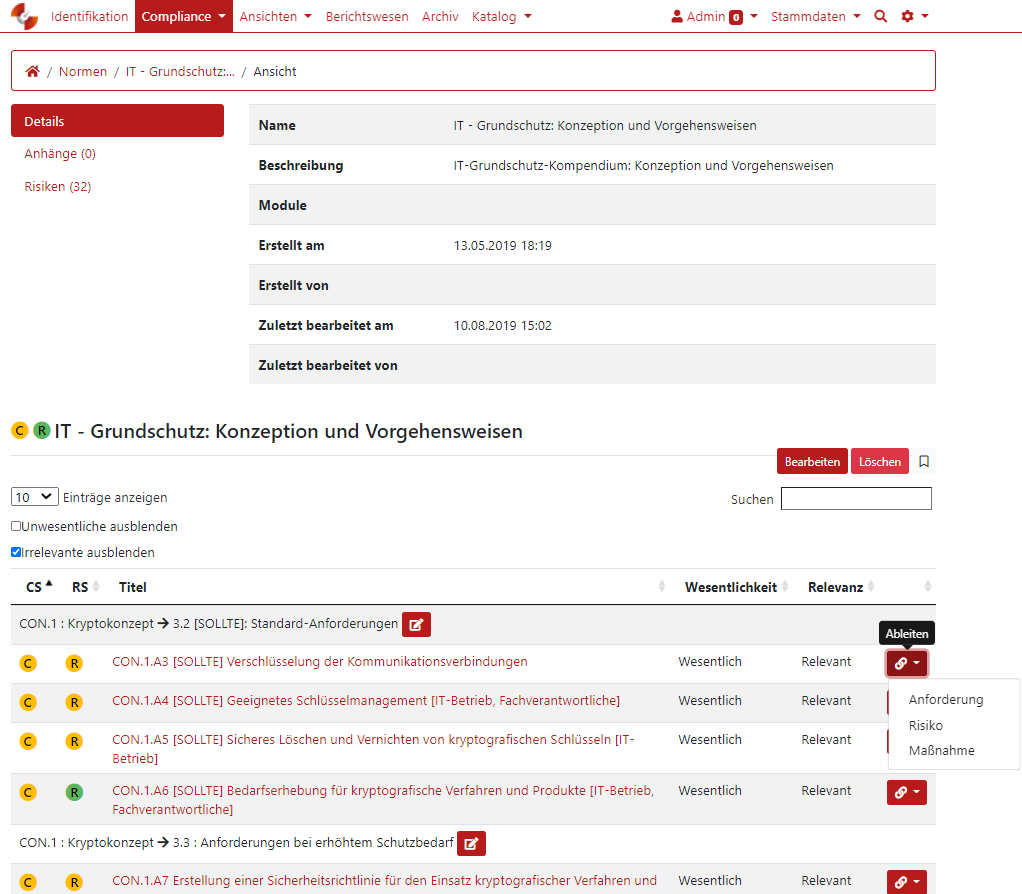 Screenshot von den IT-Grundschutz Anwendungen im GRC-COCKPIT