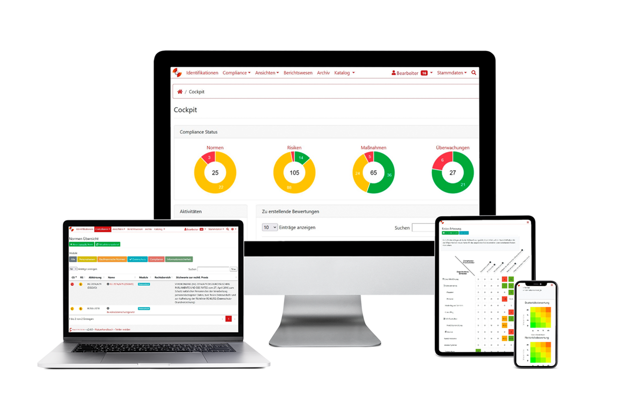 Ein Mockup des GRC-Tools abgebildet in einem Laptop, einem Desktopbildschirm, einem Tablet und einem Smartphone