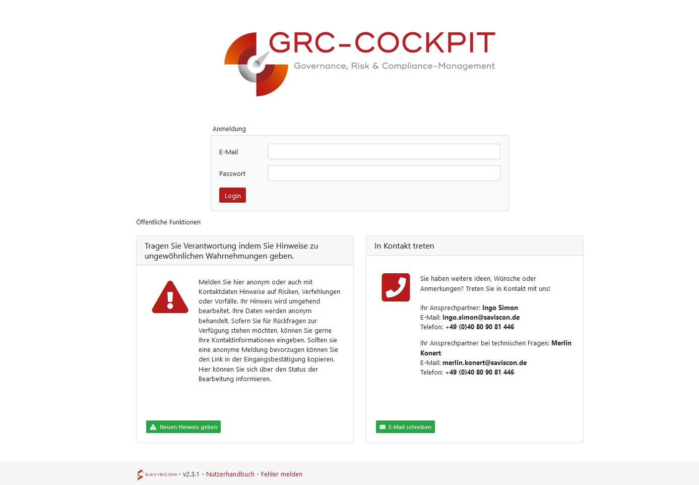Screenshot des Hinweisgebersstems im GRC-COCKPIT